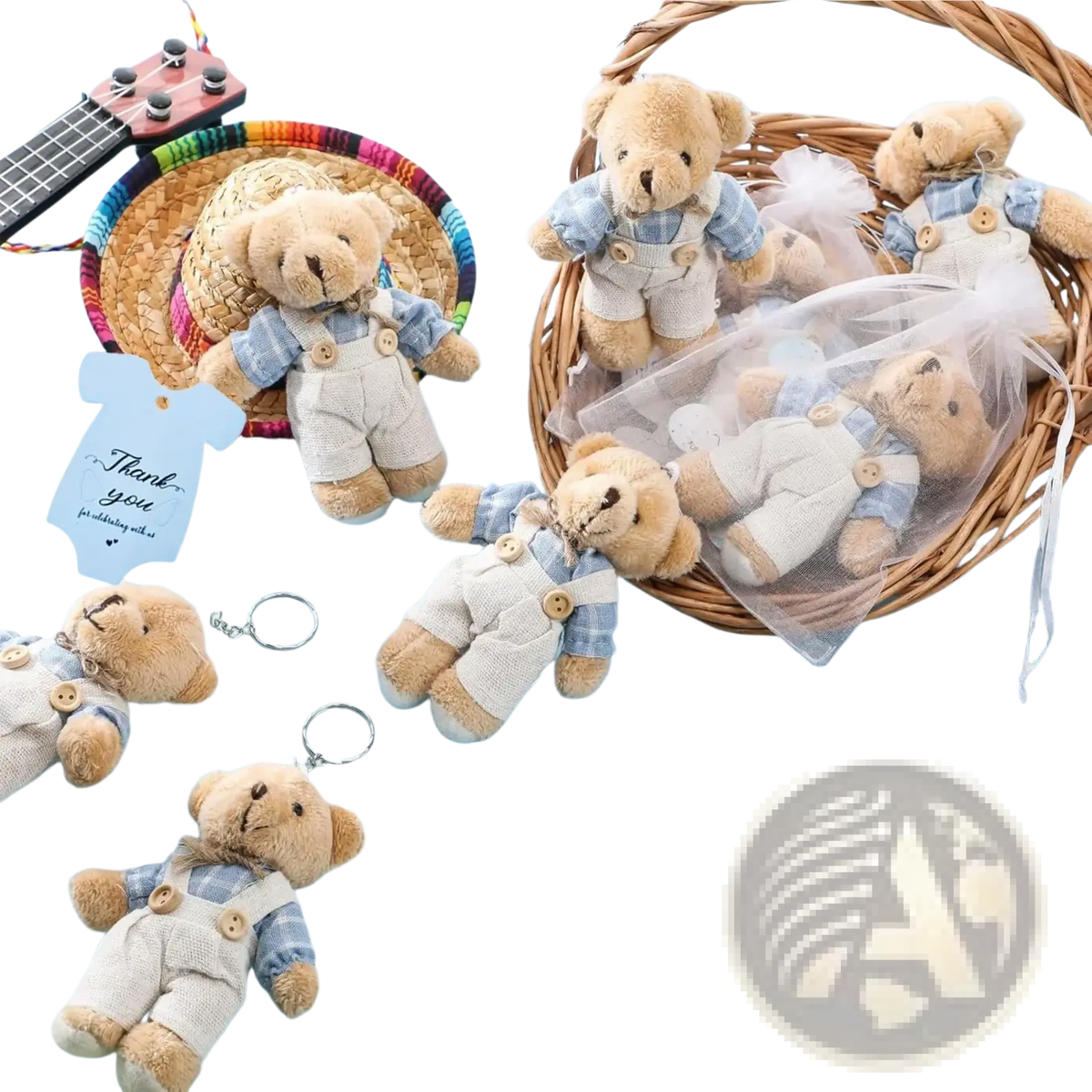 Soft tan plush teddy bears in blue and white overalls with wooden buttons from mini bear baby shower favor set