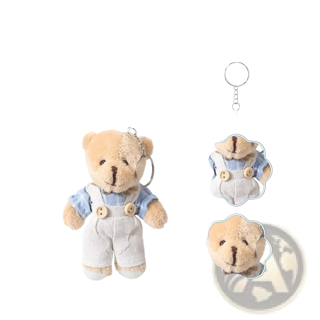 Mini bear baby shower favor set featuring a tiny tan stuffed bear keychain in light blue overalls with wooden buttons