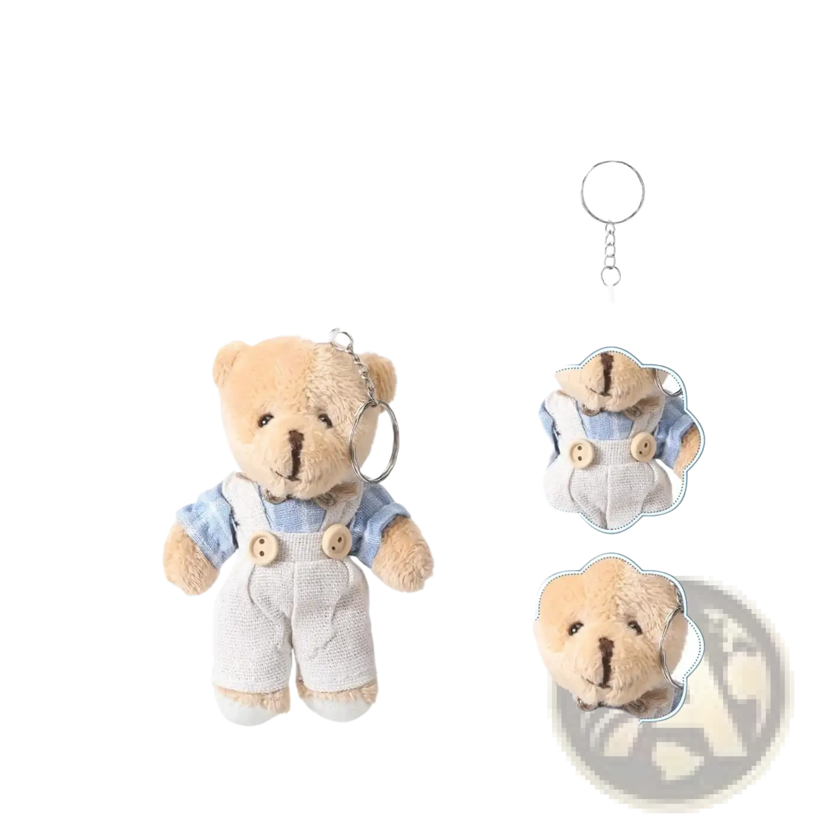 Mini bear baby shower favor set featuring a tiny tan stuffed bear keychain in light blue overalls with wooden buttons