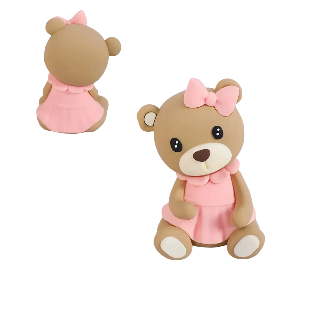 A charming brown resin teddy bear figurine wearing a pink dress and bow from mini bear cake topper set