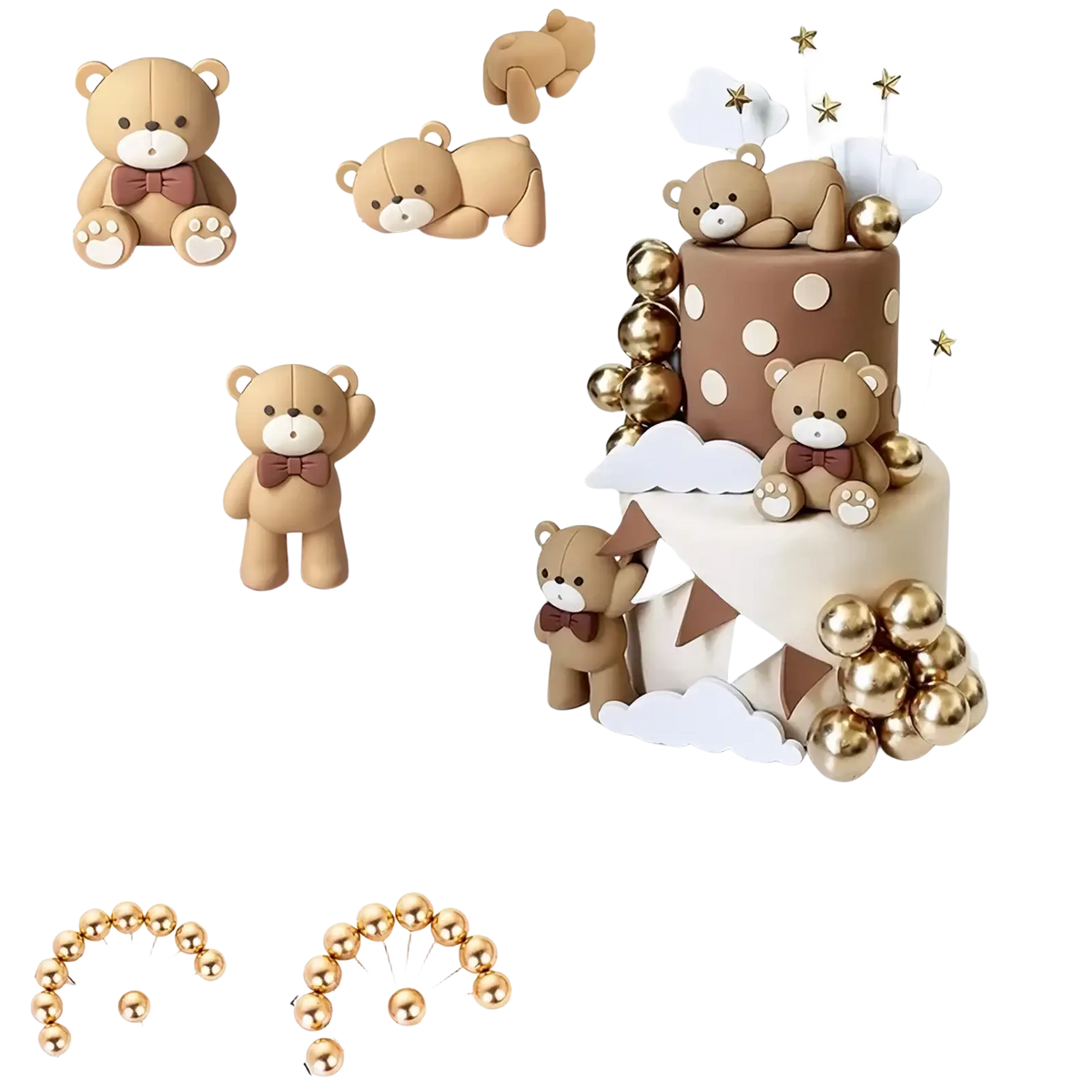 Mini bear cake topper set featuring brown teddy bear designs with bow ties for decorative cake accents