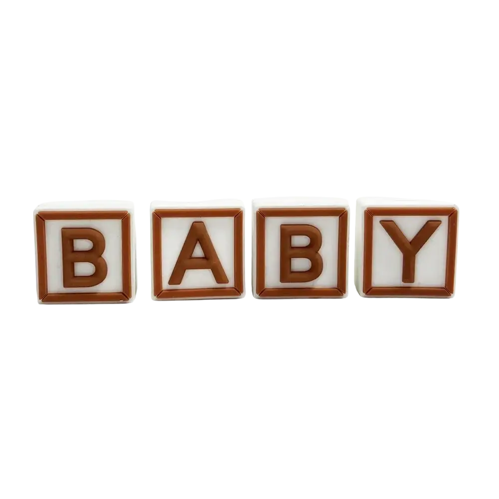 Mini bear cake topper set with brown and white raised letter blocks spelling baby in 2.5cm width