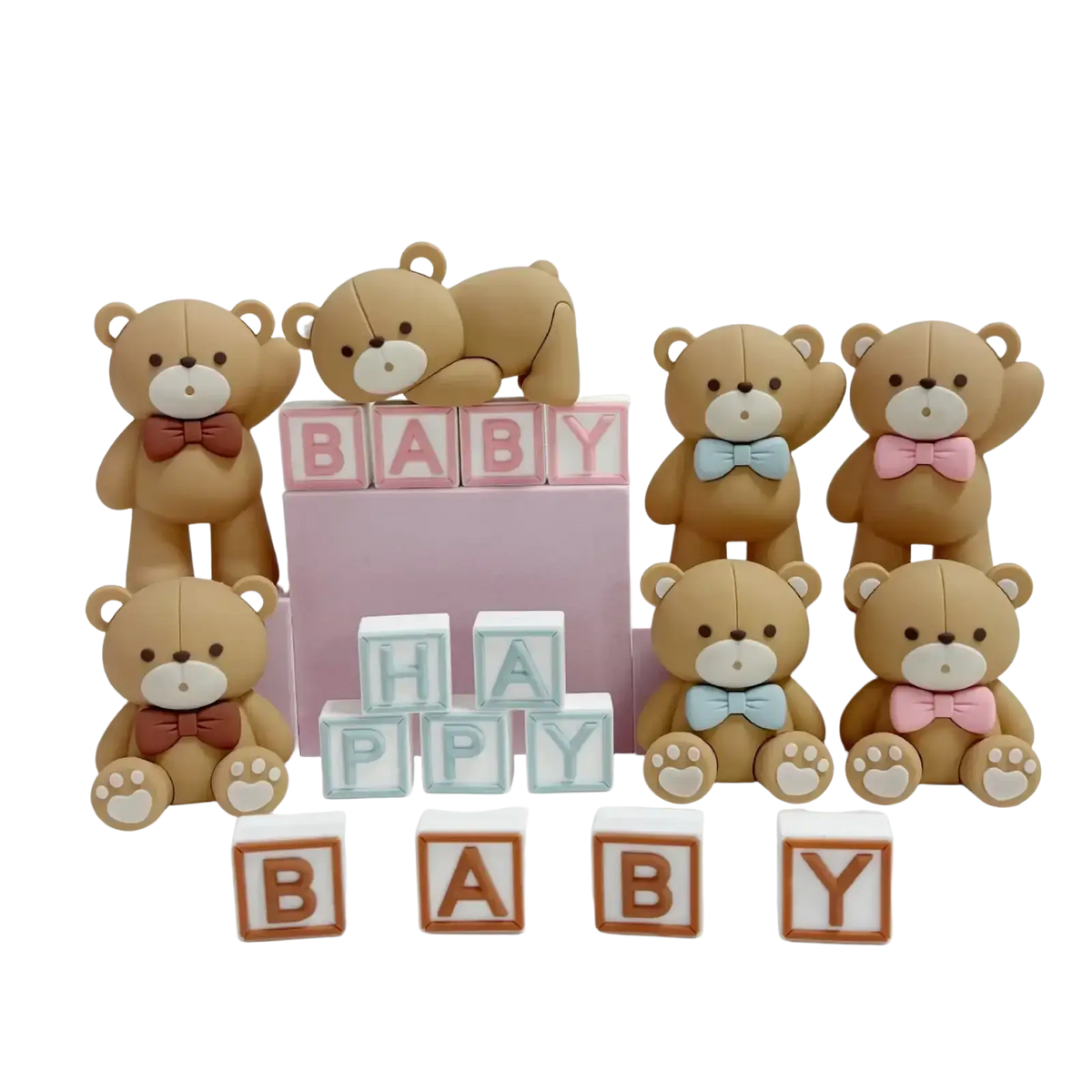 Mini bear cake topper set featuring tan plush bears with colorful bow ties for mini bear cake decoration