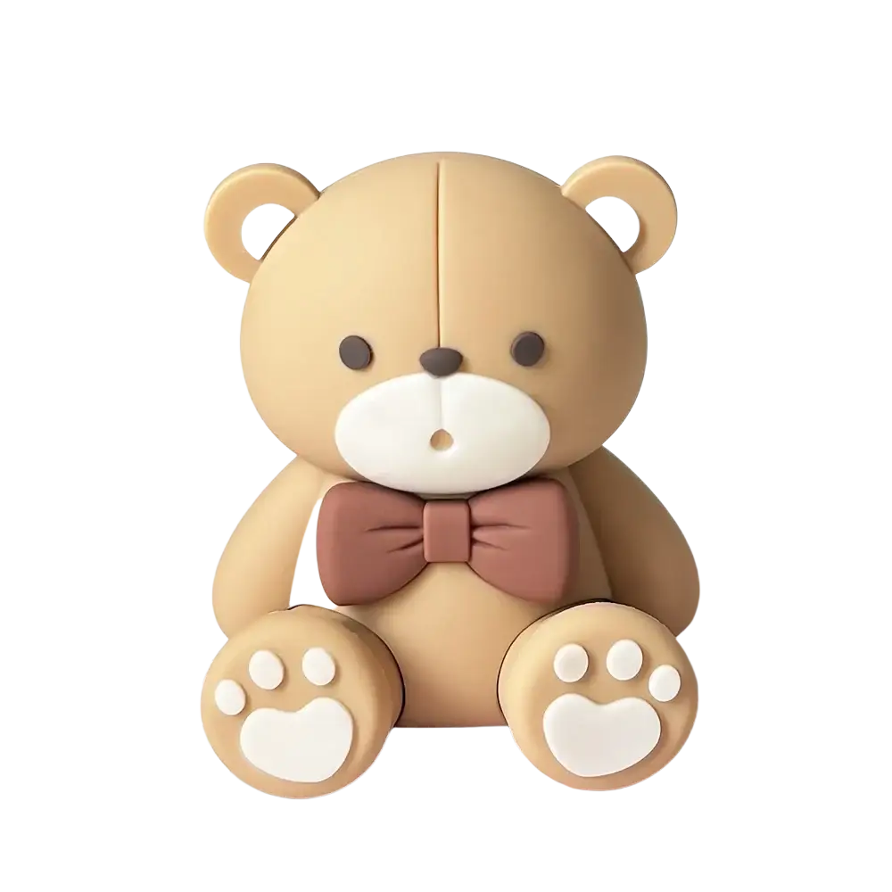 Beige mini bear cake topper figurine with white paw pads and brown bow tie seated for cake decoration