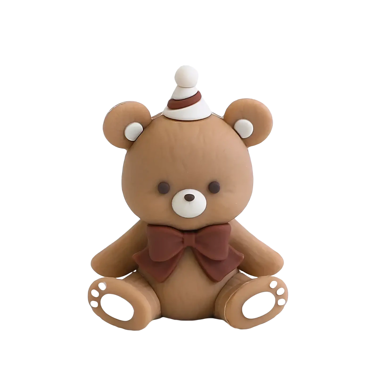 Cute brown teddy bear figurine in white and red party hat with matching bow tie from mini bear cake topper set