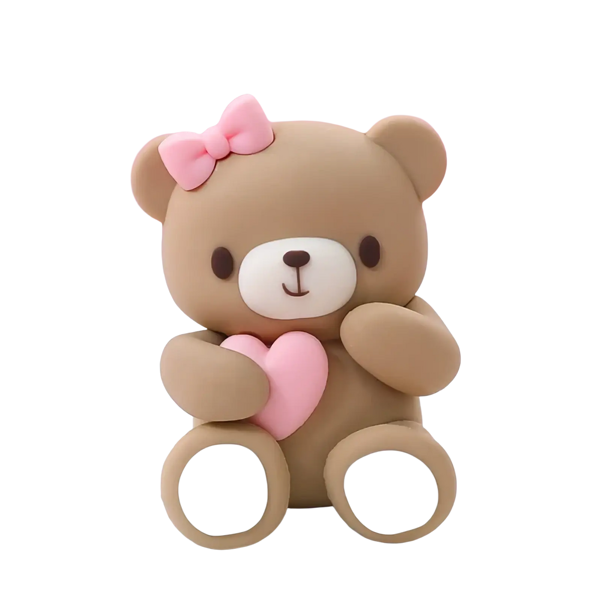Cute brown teddy bear resin figurine with pink bow and heart from mini bear cake topper set