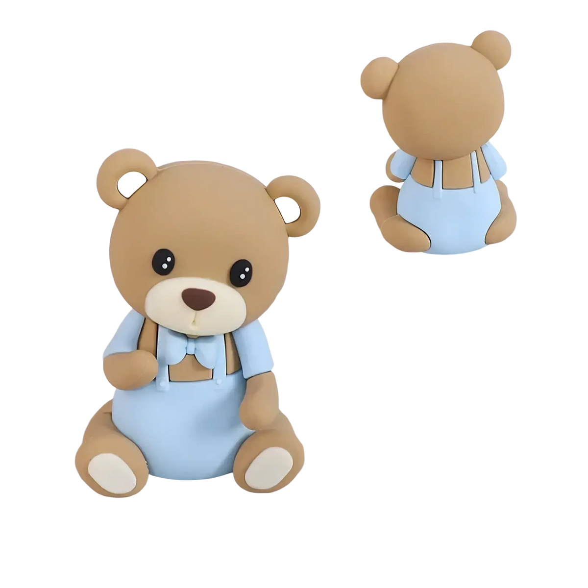 Cute brown teddy bear figurine wearing light blue overalls with matching bow tie from mini bear cake topper set