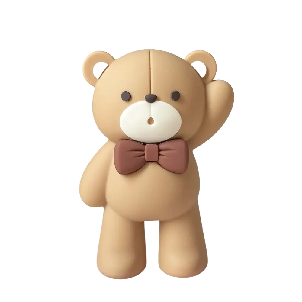 Mini bear cake topper set featuring a cute tan standing bear figurine with a white snout and brown bow tie