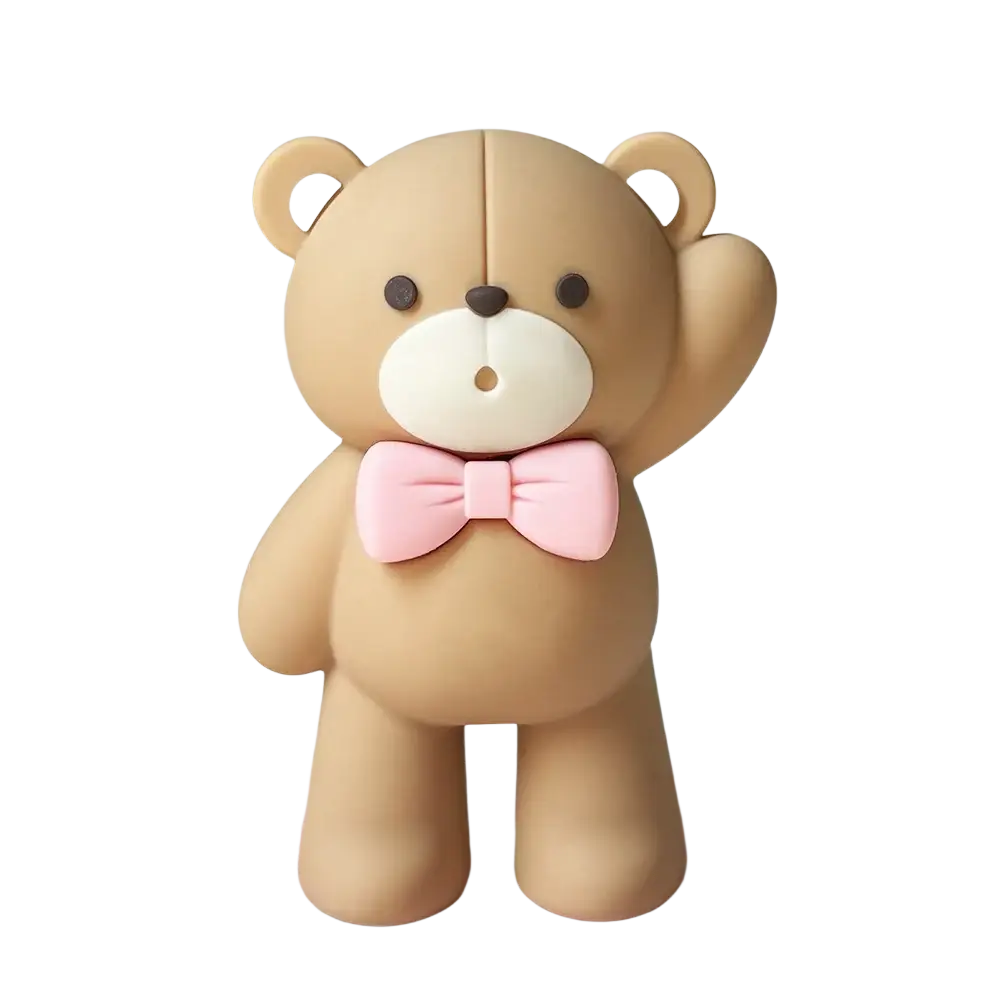 Mini bear cake topper set featuring a cute tan standing bear figurine with a pink bow tie and white snout
