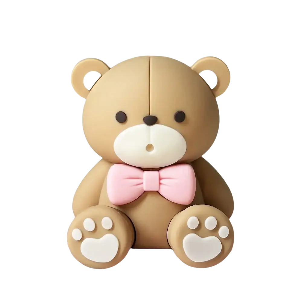 Mini bear cake topper set featuring a cute tan seated bear figurine with white accents and a pink bow tie