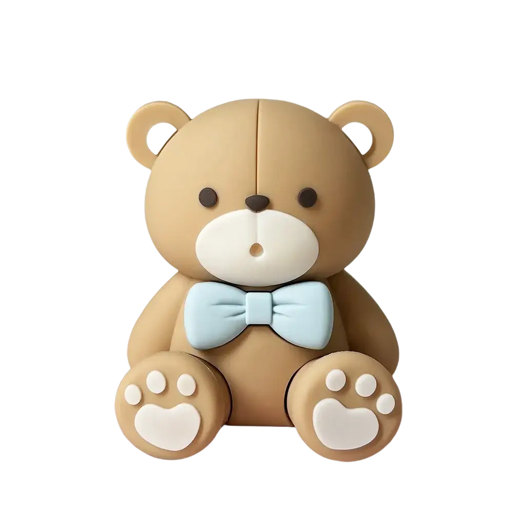 Mini bear cake topper set featuring a cute tan seated bear figurine with white accents and a light blue bow tie