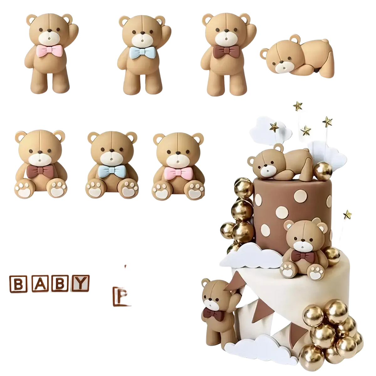 Mini bear cake topper set featuring cute tan teddy bear figurines with soft plush texture and colorful bow ties