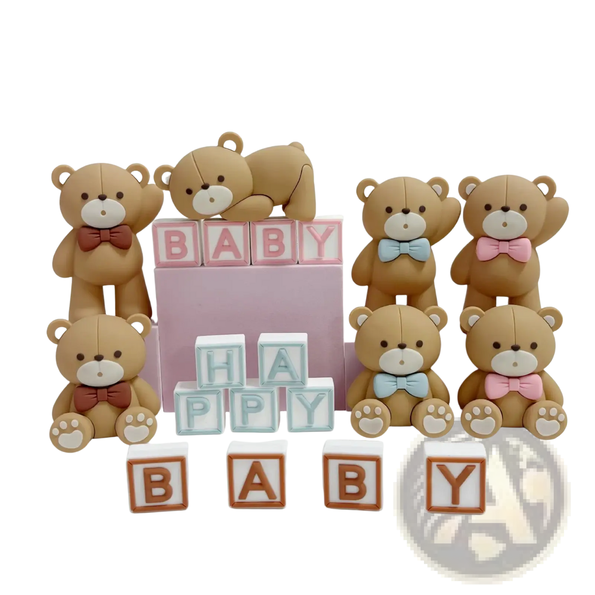 Mini bear cake topper set with cute tan teddy bear figurines featuring embroidered bow ties in pink blue and brown