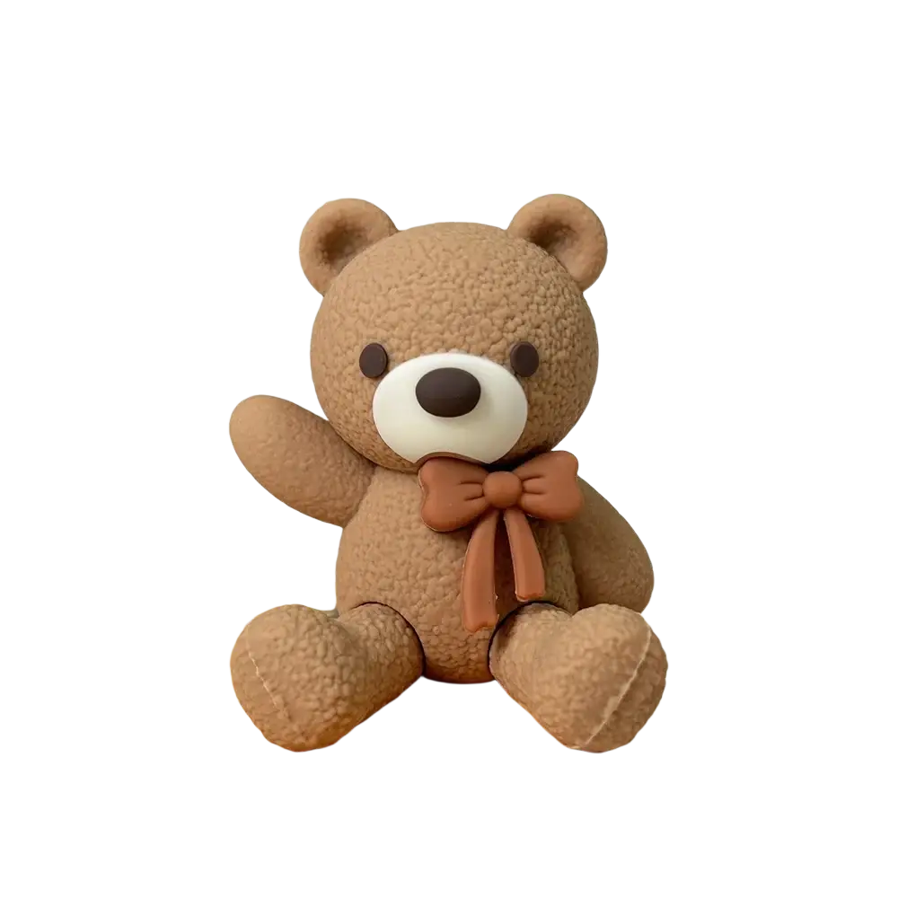 Dark brown mini bear cake topper figurine with white snout and matching bow tie for decorative use