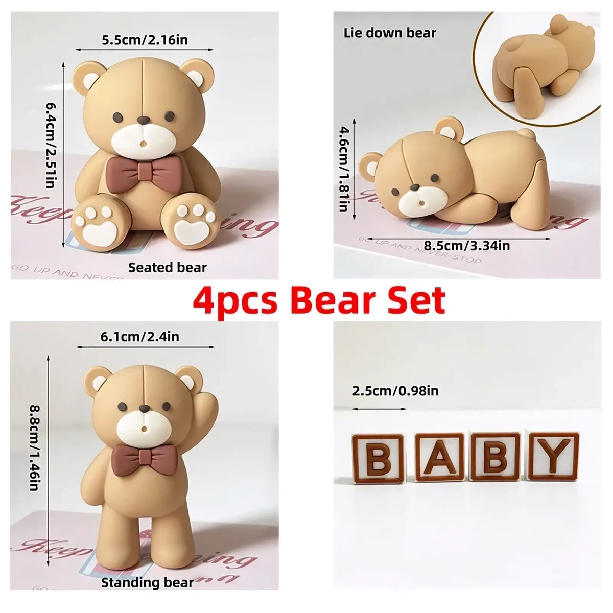 Set of four beige resin mini bear cake toppers in seated, standing, and lying poses with brown bow ties