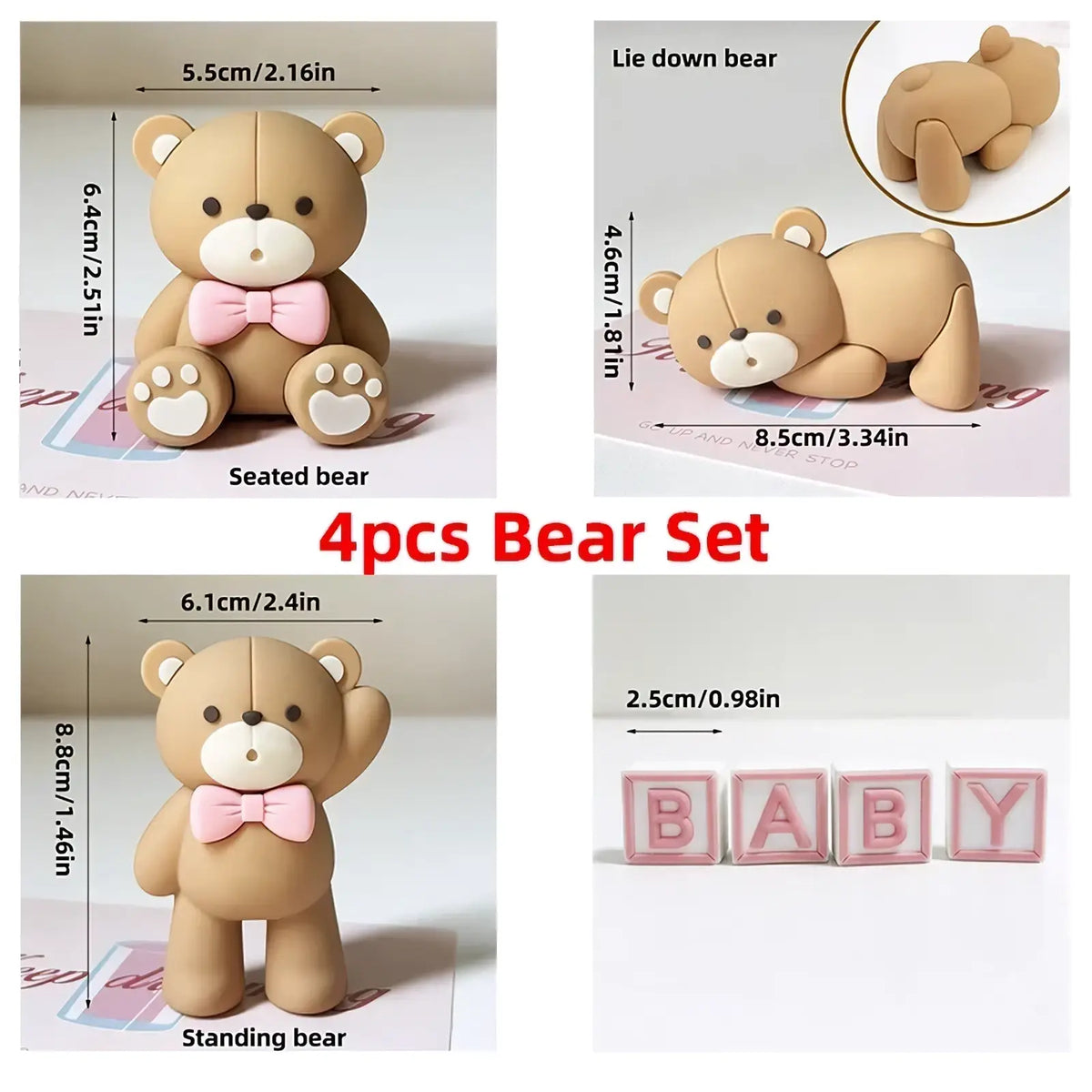 Set of four miniature tan resin bears with pink bow ties and white paw pads mini bear cake topper set