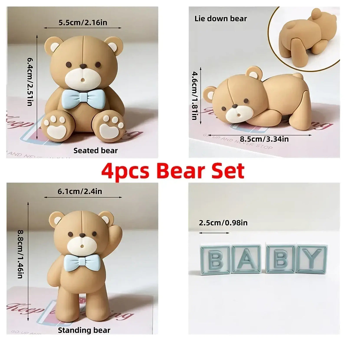 Set of four miniature tan resin bears with light blue bow ties and white paw pads for mini bear cake toppers
