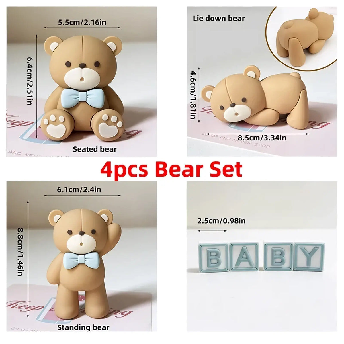 A set of four miniature tan resin bears with light blue bow ties and white paw pads mini bear cake topper set