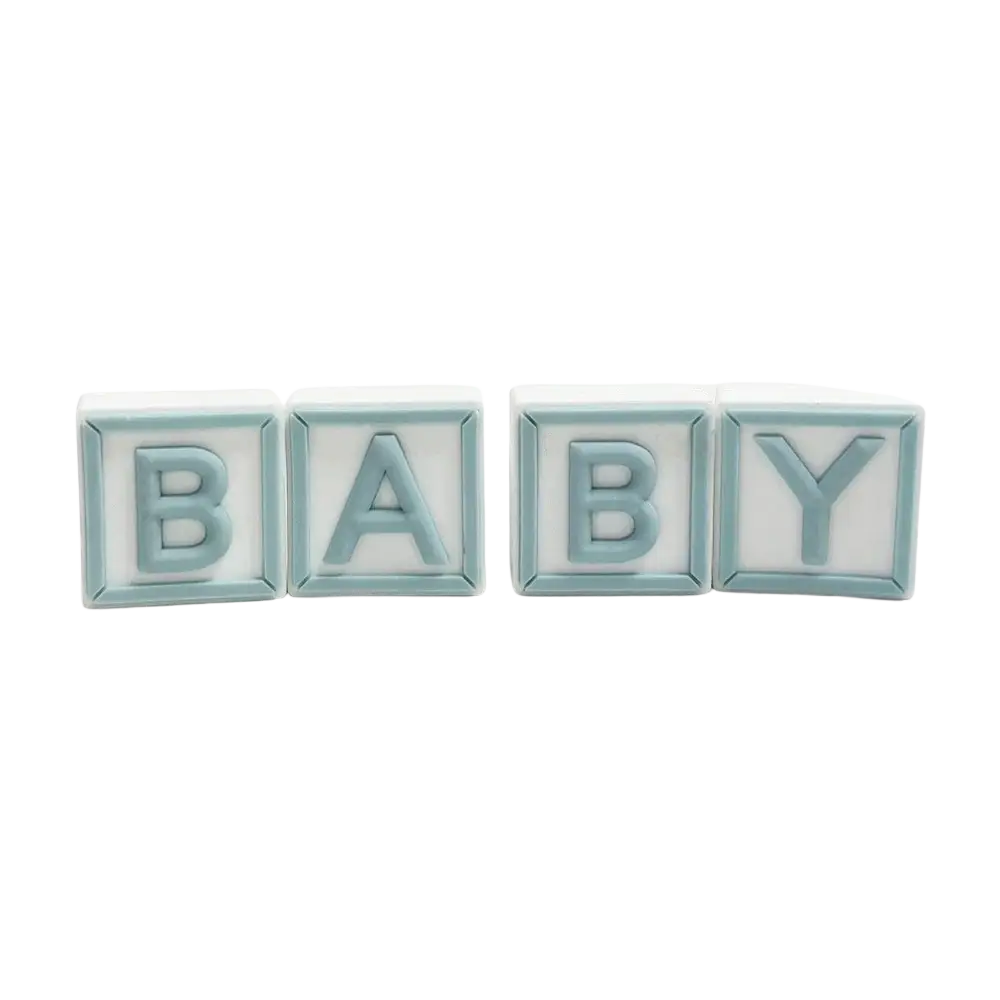 Mini bear cake topper set featuring light blue and white baby block letters for cake decoration