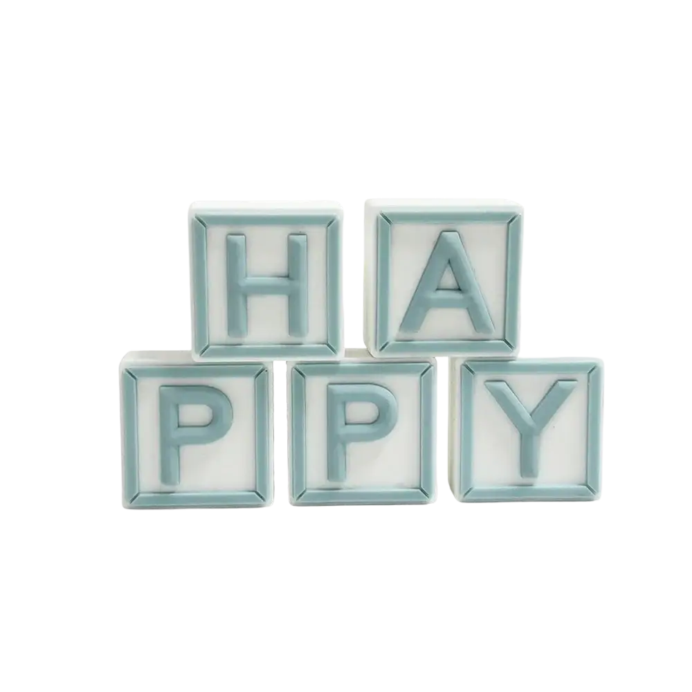 Mini bear cake topper set with light blue and white plastic letter blocks spelling happy and 2.5cm width measurement