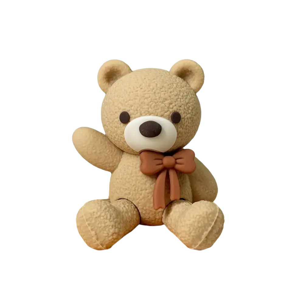 Light brown mini bear cake topper figurine with white snout dark eyes nose and matching light brown bow tie