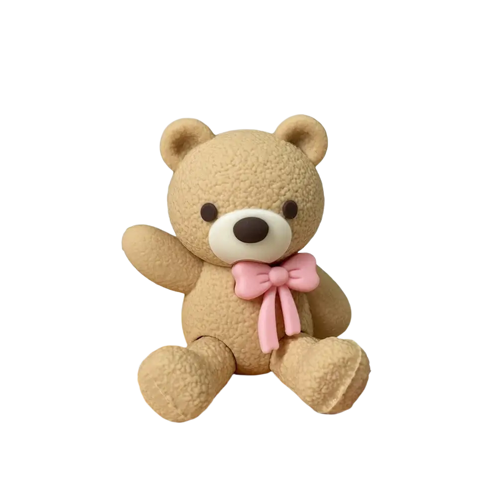 Light brown mini bear figurine cake topper with pink bow around neck for mini bear cake topper set
