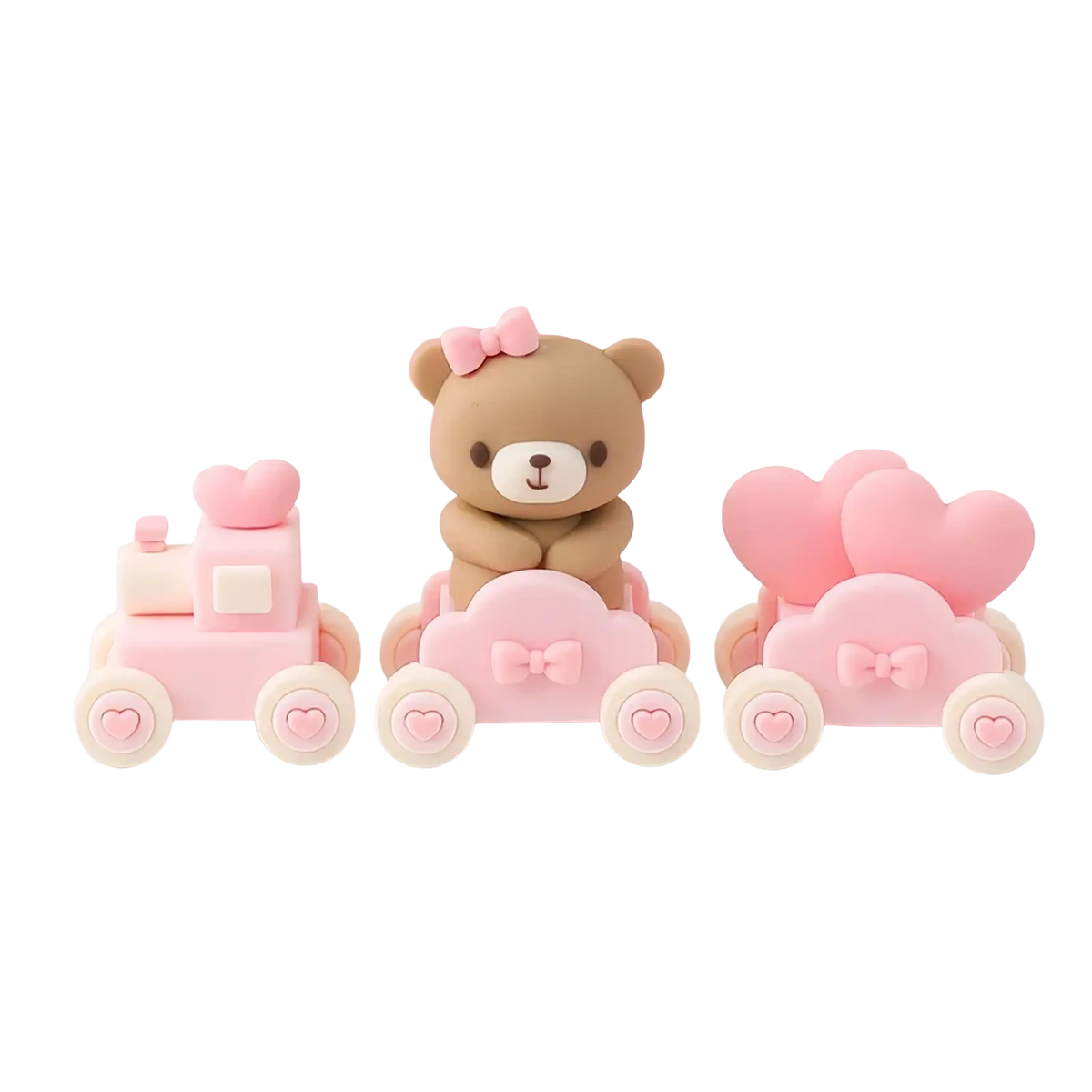 Mini bear cake topper set featuring a pink and beige miniature train with a teddy bear in the middle carriage