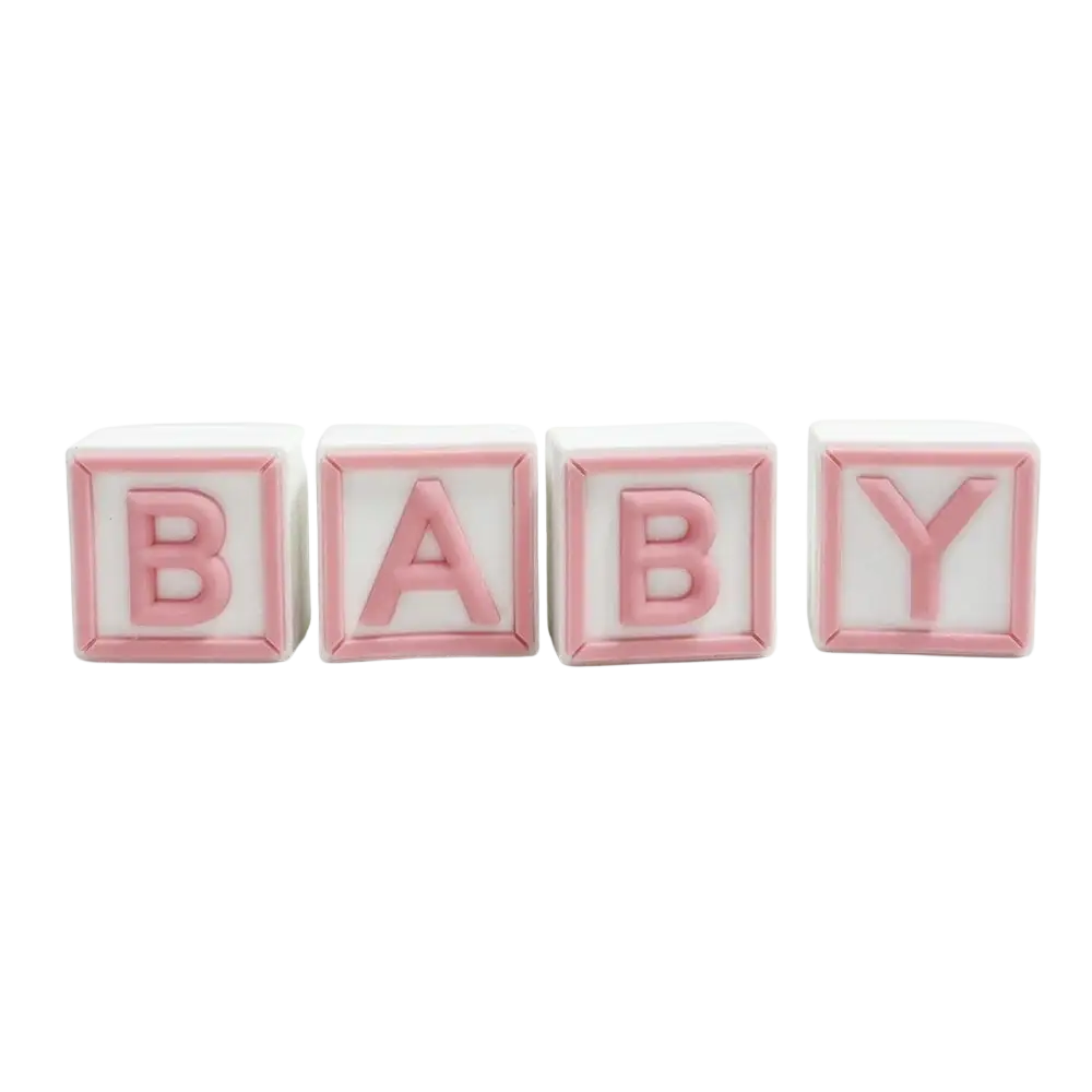 Mini Bear Cake Topper Set with pink and white baby block letters designed for cake decoration