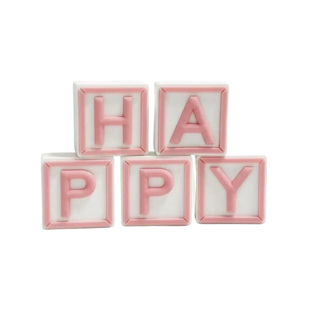 Mini bear cake topper set with pink and white happy letter blocks measuring 2.5cm for cake decoration