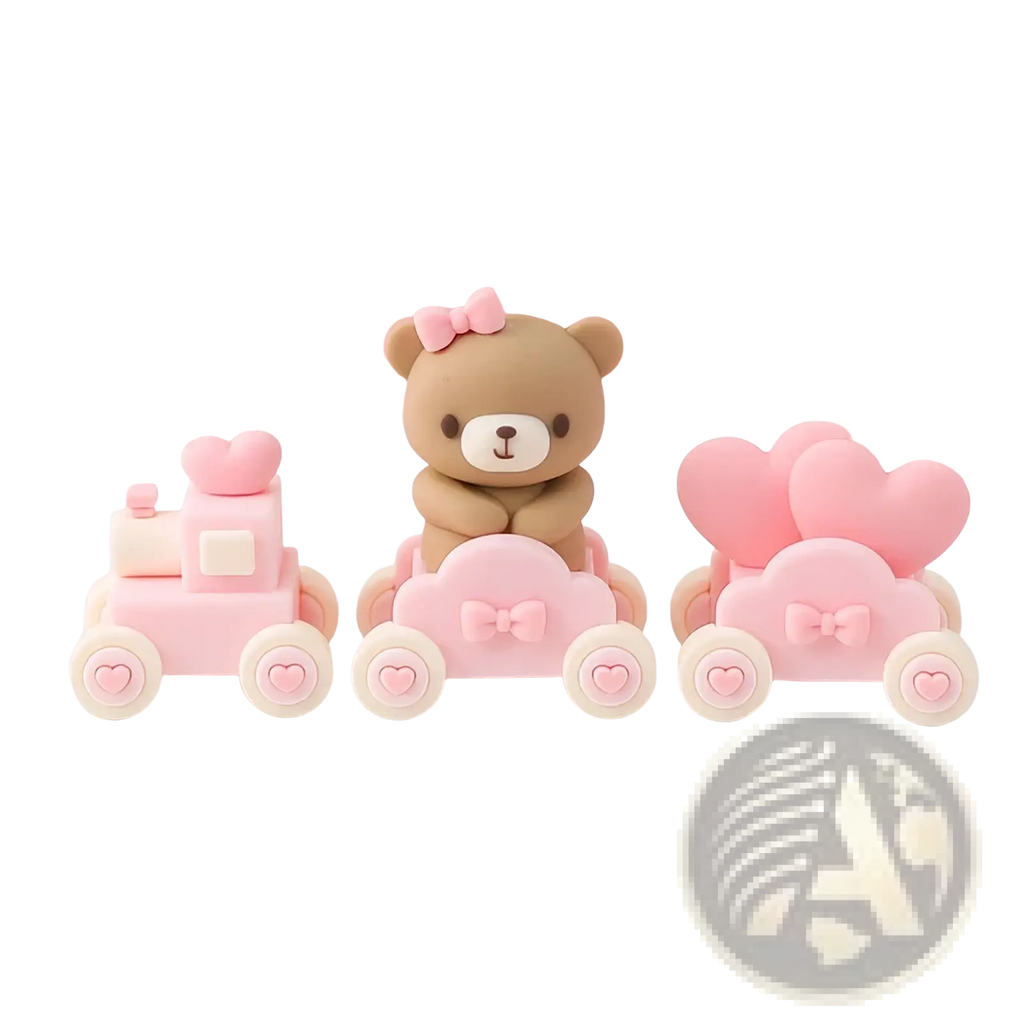 Mini bear cake topper set featuring a pink and beige miniature train with a teddy bear in the middle carriage