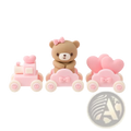 Mini bear cake topper set featuring a pink and beige miniature train with a teddy bear in the middle carriage
