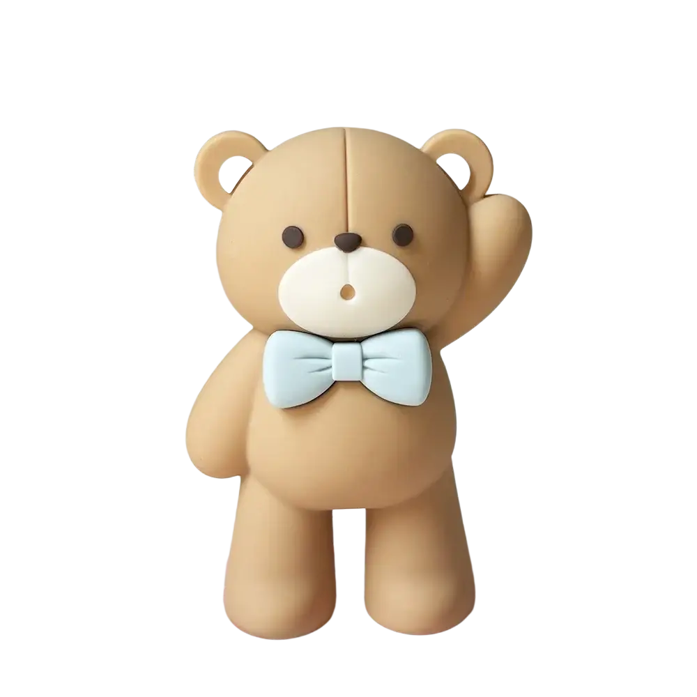 A charming tan standing bear resin figurine with a light blue bow tie and white muzzle from mini bear cake topper set