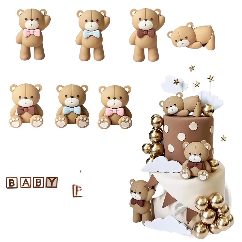 Mini bear cake topper set features tan fondant teddy bears with pink light blue and brown bow ties