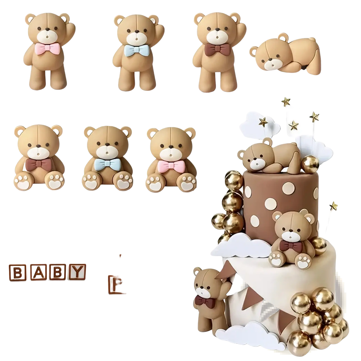 Mini bear cake topper set features tan fondant teddy bears with pink light blue and brown bow ties