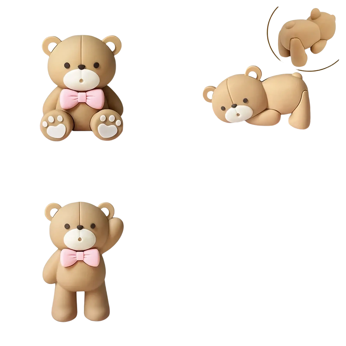 Set of three tan resin mini bear cake toppers in seated standing and lying poses each with a pink bow tie