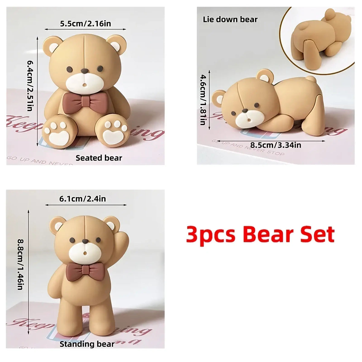 Set of three cute beige resin mini bears in seated standing and lying down poses for cake topper decoration