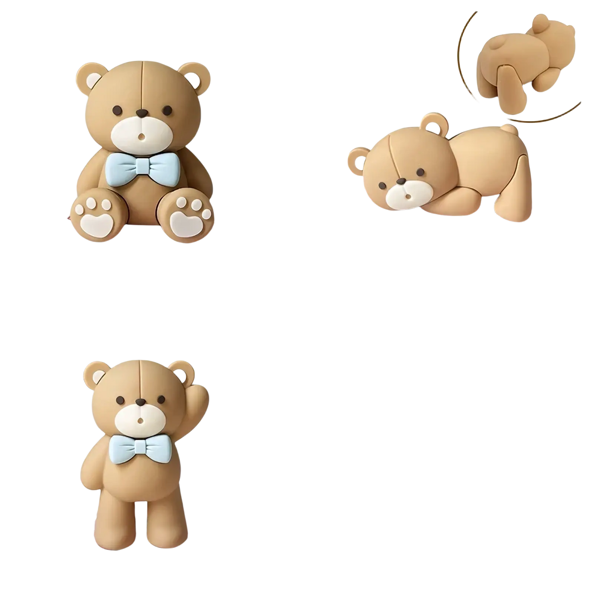 Set of three tan resin mini bear cake toppers in seated standing and lying poses with light blue bow ties