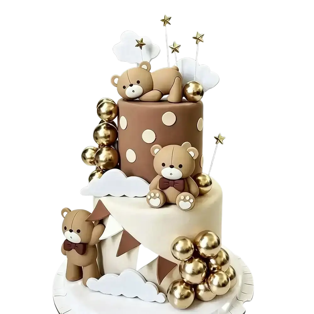 Mini bear cake topper set featuring a two-tiered bear cake with brown polka dots cream tiers and fondant teddy bears