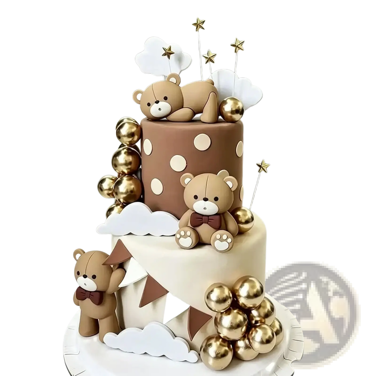 Mini bear cake topper set with a two-tiered cake featuring brown fondant with white polka dots and tan teddy bear figurines