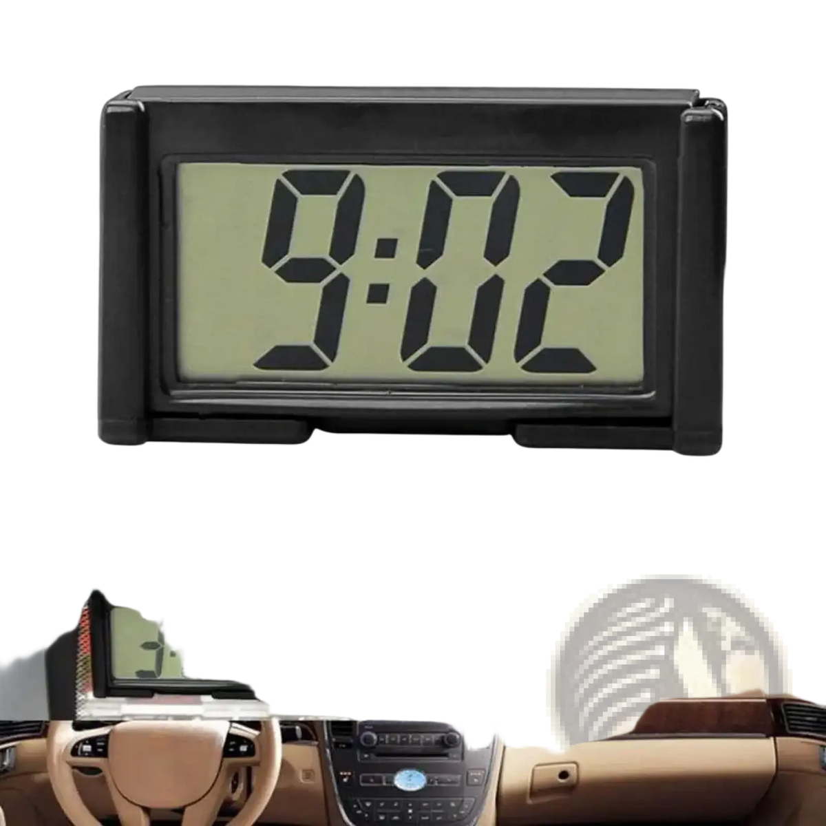 Mini car digital clock dashboard lcd time display with black rectangular body and greenish lcd screen showing 9:02