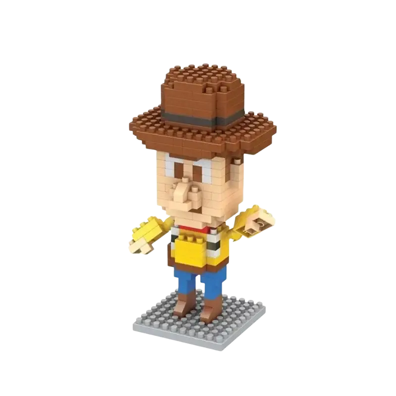 Mini cartoon character building block figure of woody from Toy Story in brown and tan plastic interlocking bricks