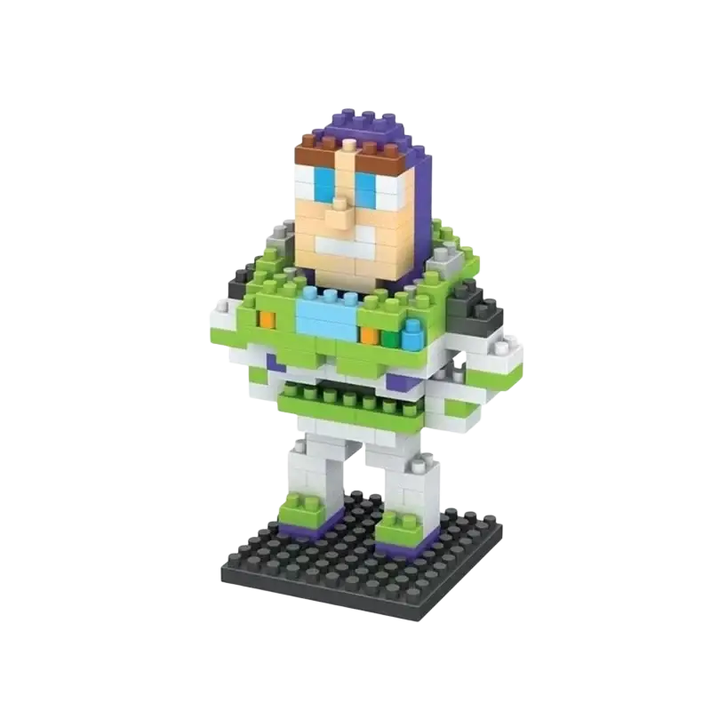 Mini cartoon character building block figure of a detailed pixelated buzz lightyear in green white purple and blue plastic bricks