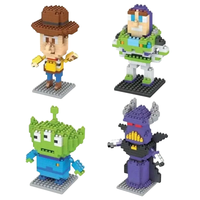 Four colorful mini cartoon character building block figures made of interlocking plastic bricks displayed together