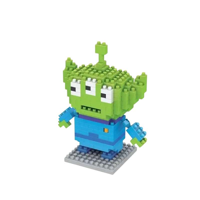 Mini cartoon character building block figure of a green and blue three-eyed alien made of interlocking plastic bricks