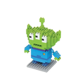 Mini cartoon character building block figure of a green and blue three-eyed alien made of interlocking plastic bricks