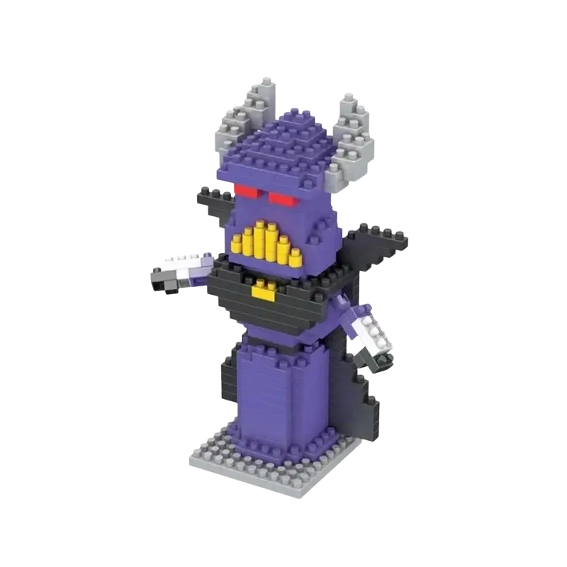 Mini cartoon character building block figure in purple and black with gray horns red eyes yellow teeth and white gun