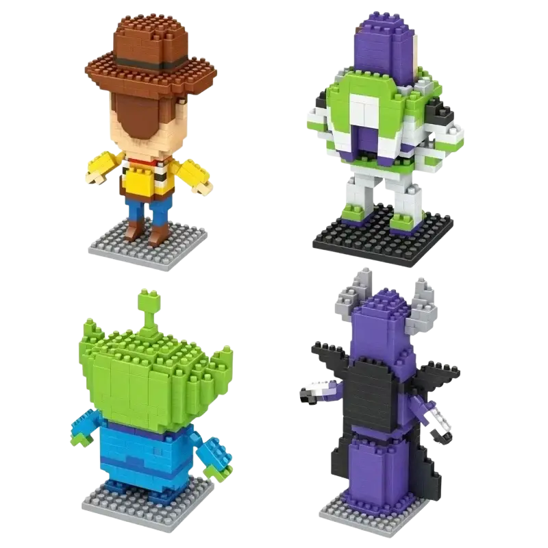 Mini cartoon character building block figure featuring Toy Story characters made from small colorful plastic bricks in a detailed design
