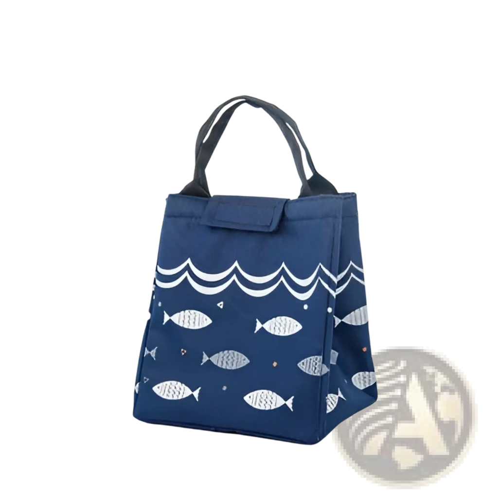 Mini cartoon oxford insulated picnic handbag in blue with white fish wave patterns and black fabric handles