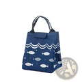 Mini cartoon oxford insulated picnic handbag in blue with white fish wave patterns and black fabric handles