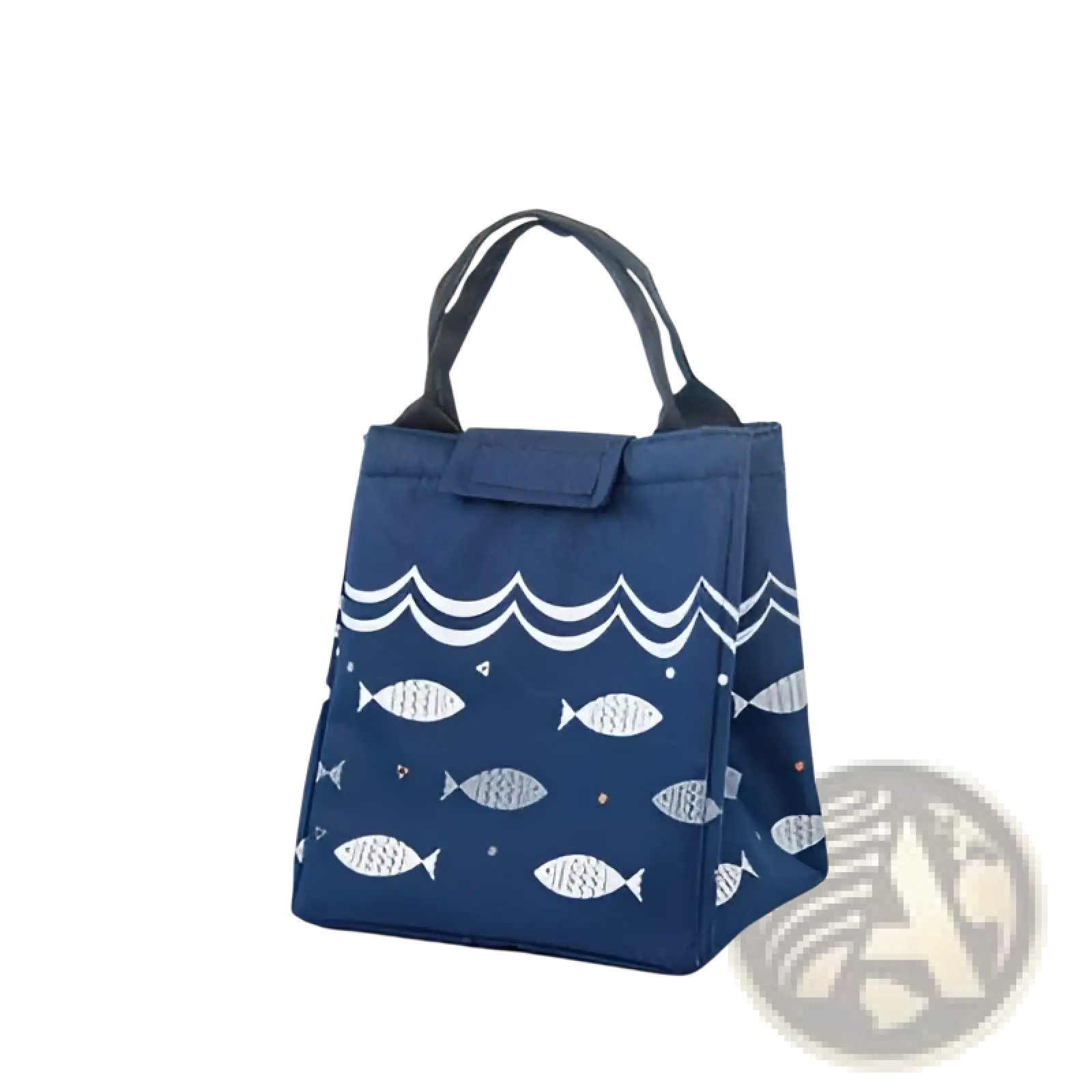 Mini cartoon oxford insulated picnic handbag in blue with white fish wave patterns and black fabric handles
